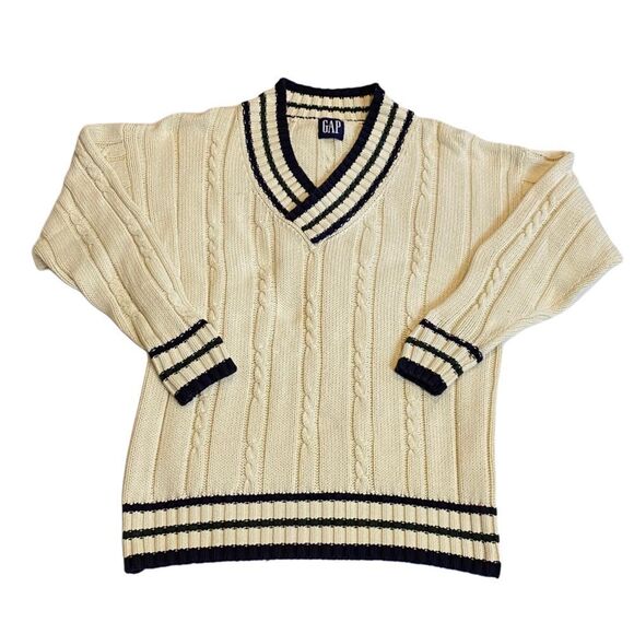 Vintage 90s GAP striped cable knit cotton v neck varsity Sweater MEDIUM - Picture 2 of 8